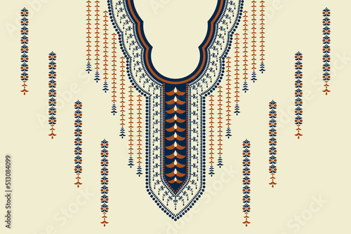 Vector ethnic neck embroidery pattern geometric shape vintage color on white cream background. Elegant tribal art for shirts.