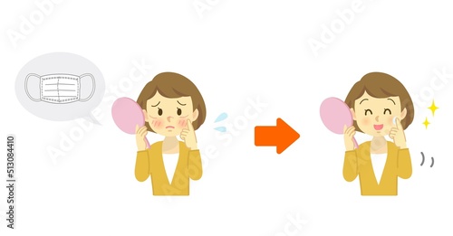 イラスト素材：若い女性がマスク跡に悩み保湿により肌荒れが改善された姿のセット/ビフォーアフター
