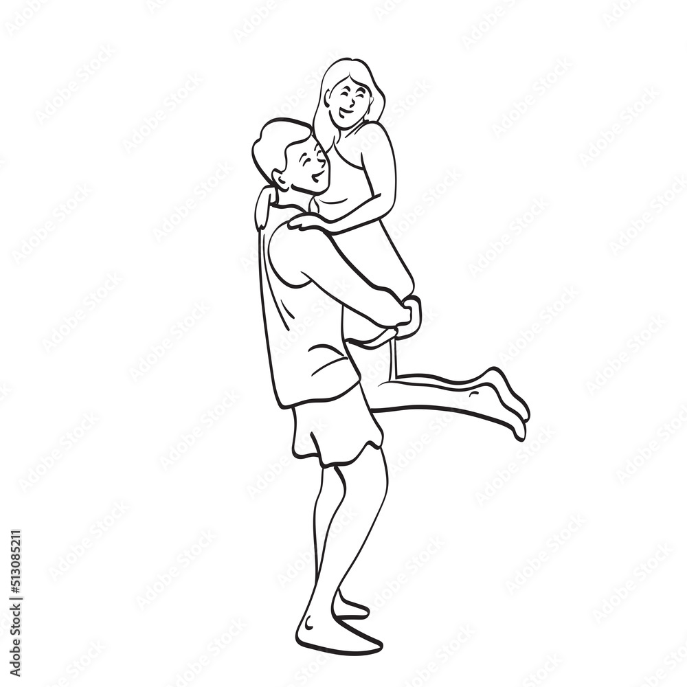 line art woman being carried by her boyfriend illustration vector hand drawn isolated on white background