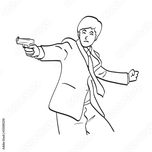 line art businessman with gun in hand illustration vector hand drawn isolated on white background