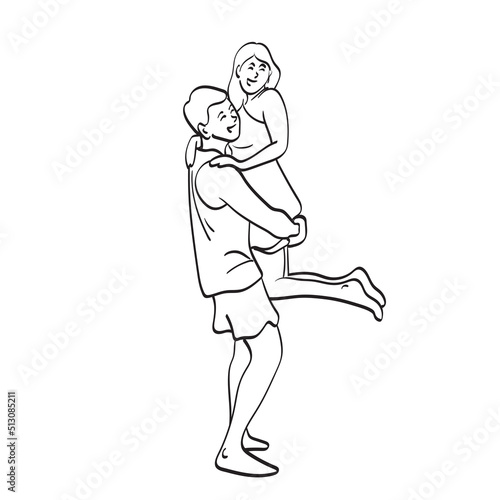 line art woman being carried by her boyfriend illustration vector hand drawn isolated on white background