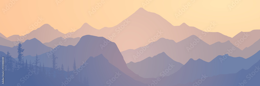 Sunrise in the mountains, mountain ranges in the morning haze, panoramic view, vector illustration Sunrise in the mountains, mountain ranges in the morning haze, panoramic view, vector illustration