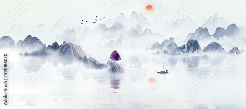 Chinese style artistic conception landscape painting background illustration