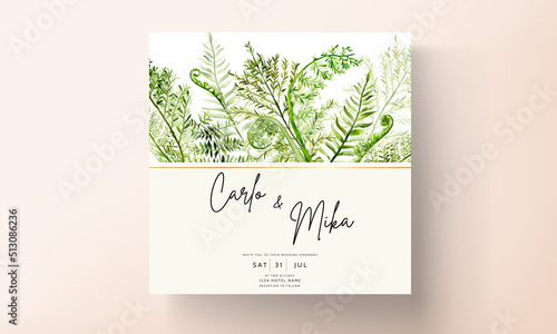 elegant wedding invitation template with greenery watercolor fern leaves