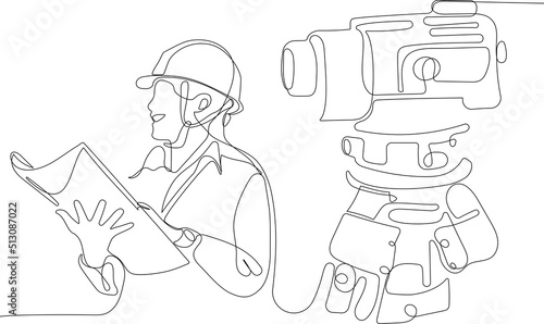 Close up of young Caucasian worker with helmet on head using tablet for work while standing in warehouse. Surveyor with a tripod icon. Geodesic tripod. Vector illustration