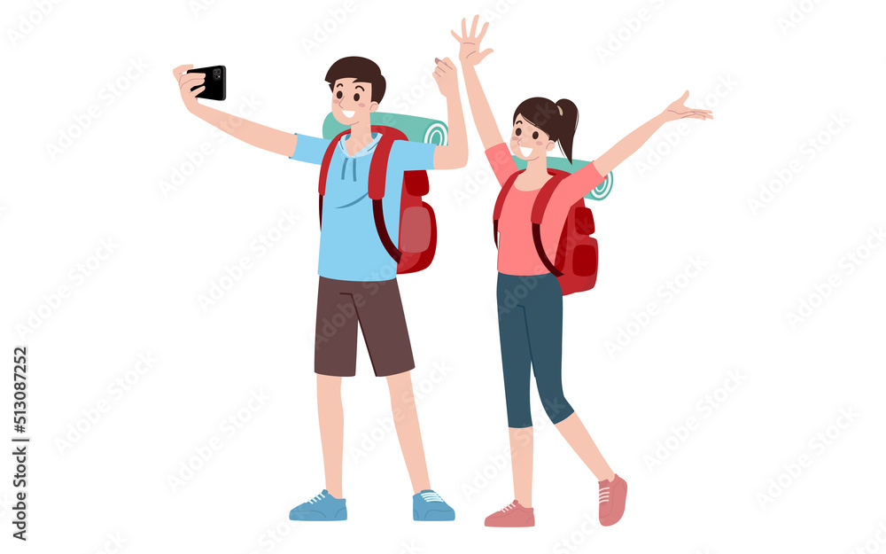 Obraz premium Group of young tourist characters. Traveling tourists with travel backpack going on vacation trip after covid-19 virus was diminish. Vacation people isolated vector. Summer character, woman and man.