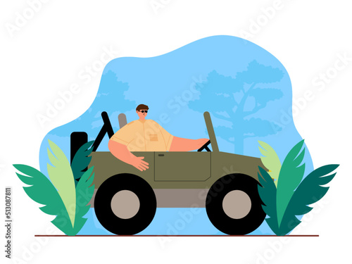 Men get on a jeep for an adventure around the forest. Outdoor activity .Jungle vector illustration.	