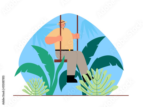 Forest play activity. Playing on the swings with tropical leaves all around. Jungle vector illustration.	