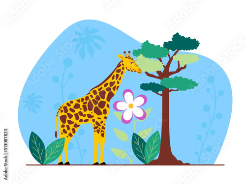 Giraffe in jungle. Jungle and wild animals theme. Giraffes are eating leaves. Jungle vector illustration.	