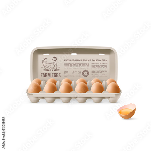 Fresh Organic Brown Chicken Eggs in Open Carton Pack, or Egg Container Isolated on White Background. Twelve Large Eggs from Farm in Brand Pack