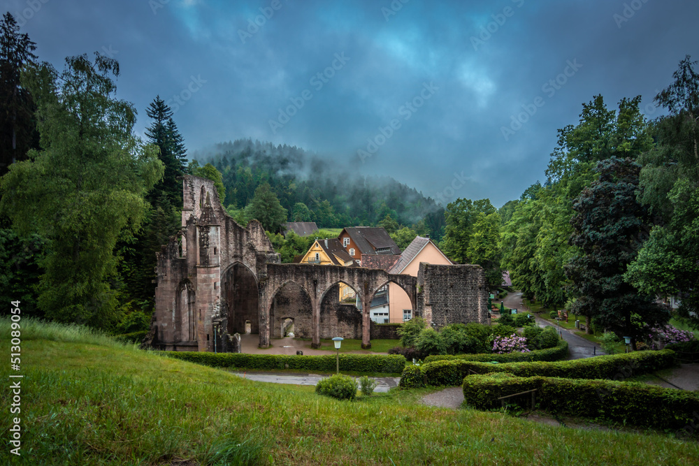 The Allerheiligen monastery ruins near Oppenau in the Black Forest in the middle of nature, dramatic skies and lush greenery. rain in summer
