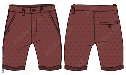 Chino sartorial Shorts design flat sketch vector illustration, denim printed casual shorts concept with front and back view, printed walking bermuda walking shorts design illustration