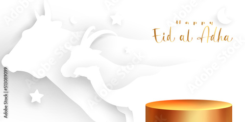 Eid al adha islamic decoration display podium background with goat, camel , cow , moon and star . Product showcase for ramadan kareem, mawlid, eid al fitr, muharram