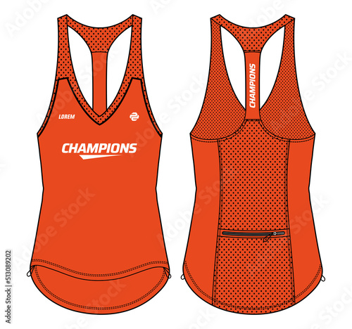 Women Sleeveless Tank top Sports t-shirt Jersey design flat sketch fashion Illustration suitable for girls and Ladies, racer back Vest for Volleyball jersey, netball, badminton, tennis sports kit