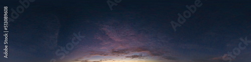 Dark blue sky panorama after sunset with Cirrus clouds. Seamless hdr 360 pano in spherical equirectangular format. Complete zenith for 3D visualization and sky replacement for aerial drone panoramas