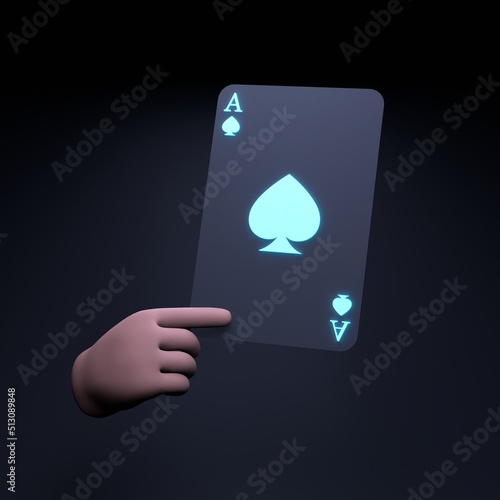 The hand holds a neon game card. Concept of casino, poker. 3d render illustration.