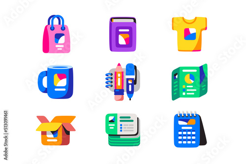 Printing on various types of surfaces icon set