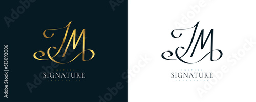 JM Initial Signature Logo Design with Elegant and Minimalist Gold Handwriting Style. Initial J and M Logo Design for Wedding, Fashion, Jewelry, Boutique and Business Brand Identity