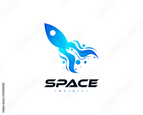 Blue Rocket Logo Design. Modern Spaceship Vector Illustration