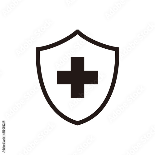 Immune system icon. Medical cross in the shield on white background