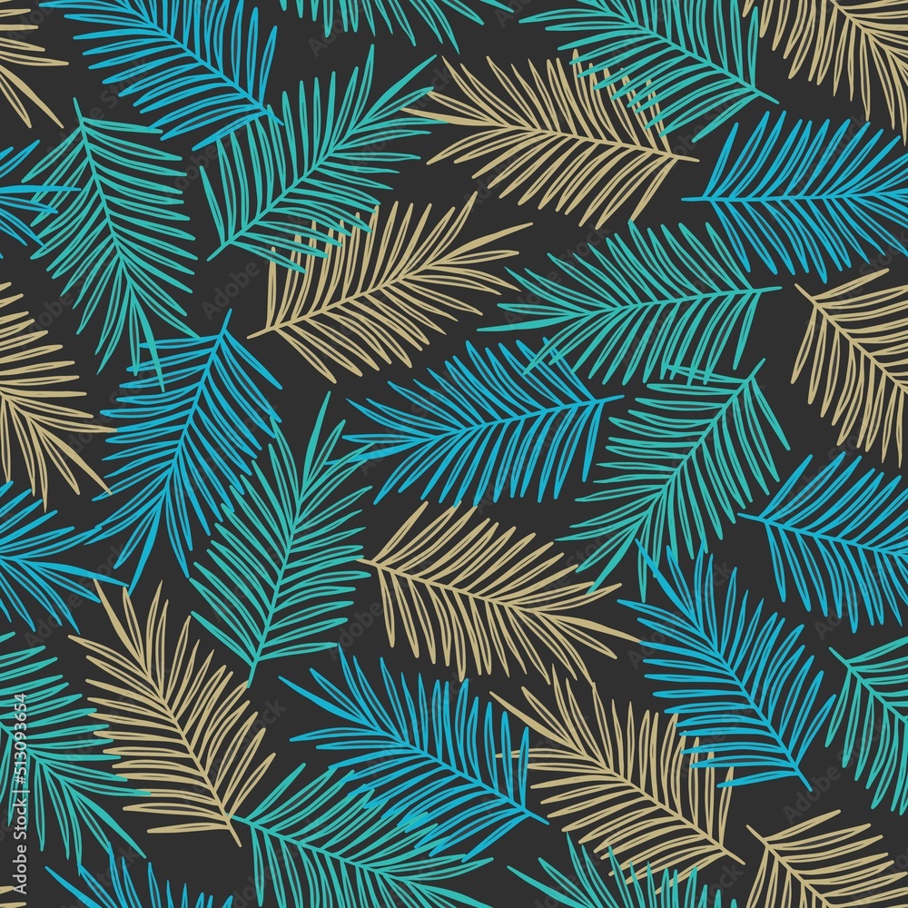 Abstract Tropical Palm Leaves Vector Graphic Silhouette Seamless Pattern