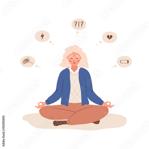 Mood disorder. Sad elderly woman sitting in lotus position. Mental health. Symptoms of schizophrenia or alzheimer diseases. Unhappy girl needs psychological help. Vector illustration in cartoon style.