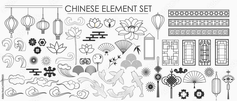 Vector set of Chinese traditional culture elements. Elements of decor, ornament, art of China. Line art style.