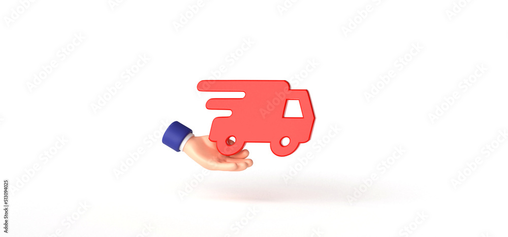 Delivery car with Hand Holding Isolated on background, icon, Gesture, Cartoon, 3d rendering.