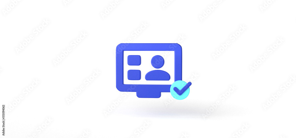 Presentation icon with check mark Isolated on background, cartoon, icon, 3d rendering. Presentation icon with check mark Isolated on background, cartoon, icon, 3d rendering.