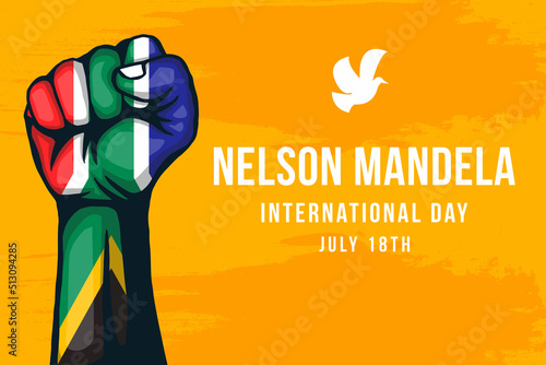 nelson mandela international day background illustration with hand color of south africa flag photo