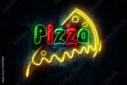 Pizza Neon Sign on a Dark Wooden Wall 3D illustration