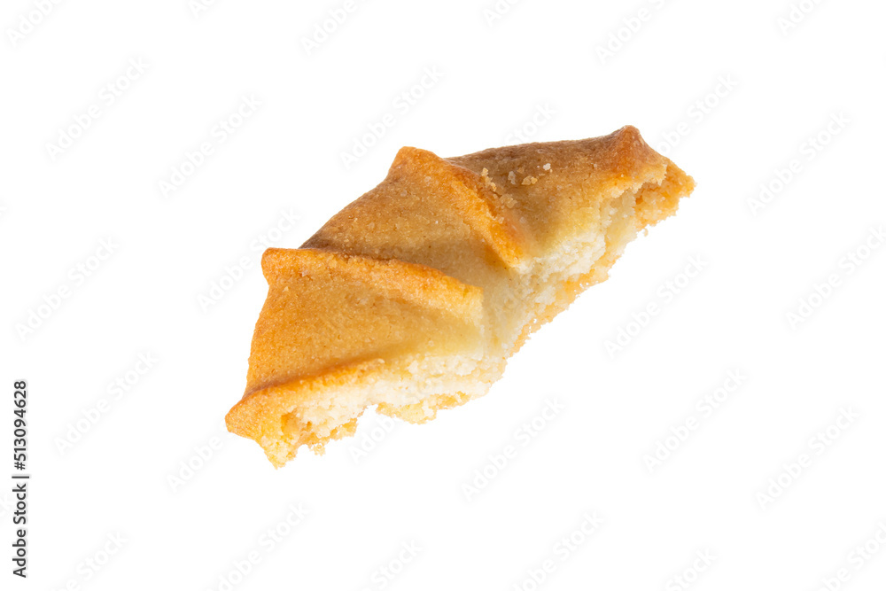 Piece of a Danish crumbly cookie isolated on white. Piece of a Danish crumbly cookie isolated on white.