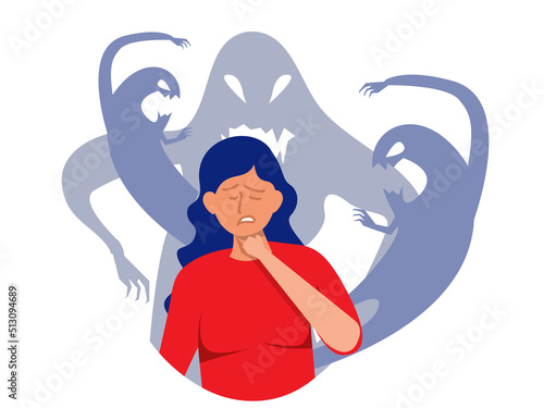  woman fear and crying with imaginary ghosts flying around her Mental disorder and diseases, psychopath or schizophrenic person. Vector in flat style