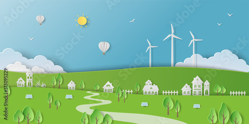 Save nature and environment conservation concept,eco friendly and green energy city on paper art background