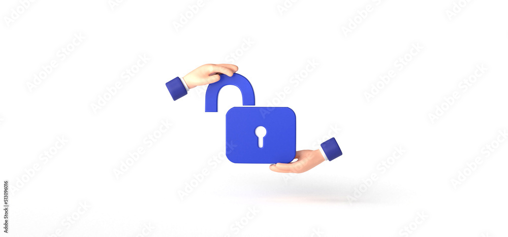 Key, Padlock, Unlock with Hands gesture around Isolated on background, cartoon, 3d rendering. Key, Padlock, Unlock with Hands gesture around Isolated on background, cartoon, 3d rendering.