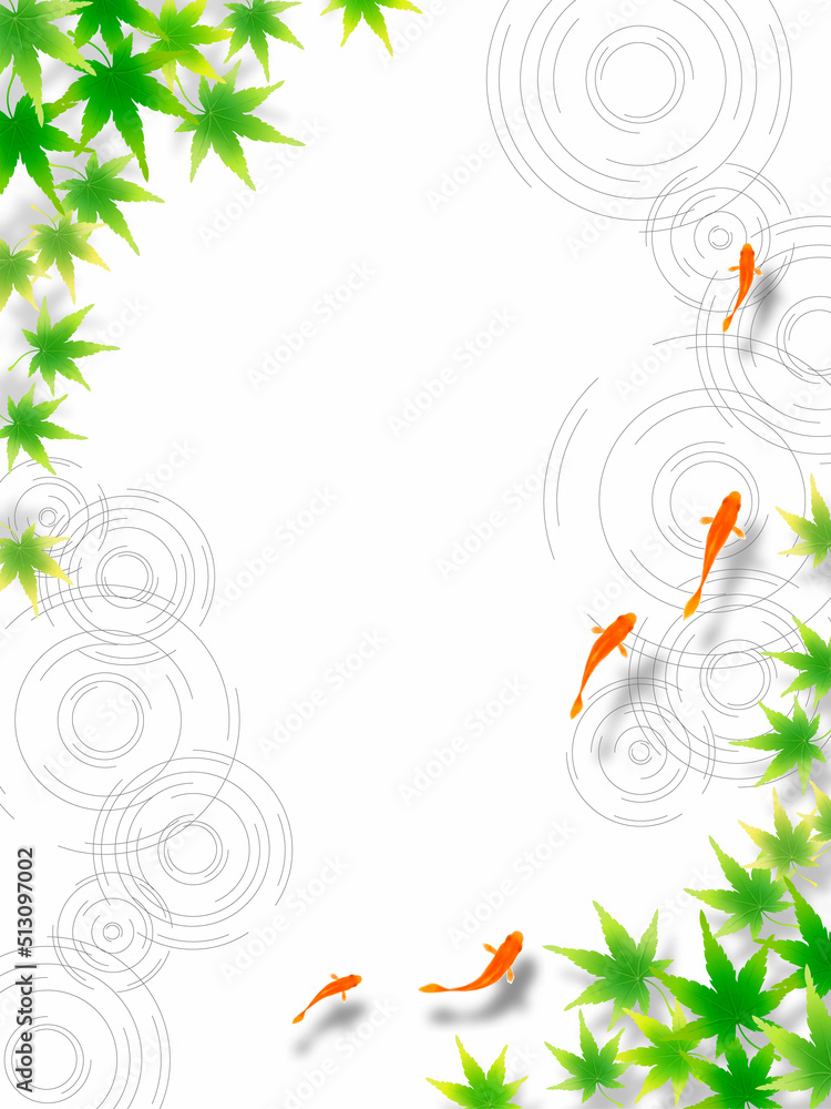 上から見た泳ぐ金魚と水紋と夏もみじ