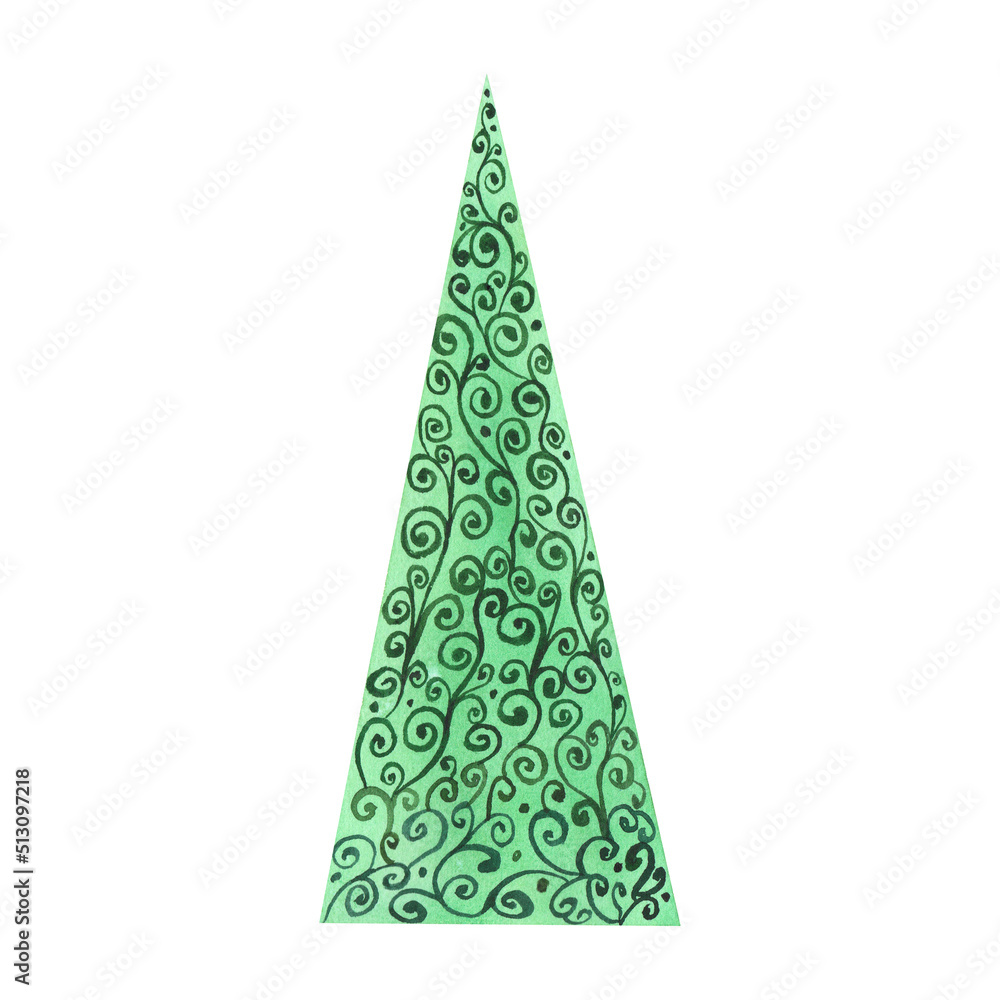 Christmas tree with lace ornament isolated on white. Watercolor hand drawn Xmas illustration. Art for design decoration Christmas tree with lace ornament isolated on white. Watercolor hand drawn Xmas illustration. Art for design decoration