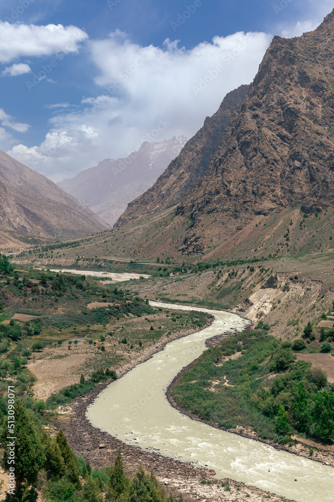 River Chandraprabha flows between mountains near Jispa, Himachal Pradesh, India on the way to Leh.