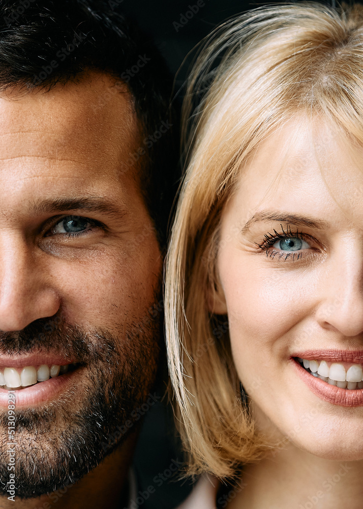 Close up of happy blue-eyed couple looking at camera. Close up of happy blue-eyed couple looking at camera.