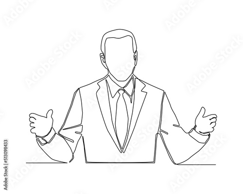 Continuous line of Chairman spreading his hands talking to audiences in public. Leader having speech to his staffs vector.