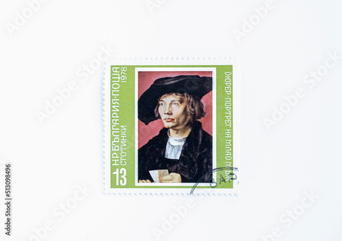 Postage stamp printed in Bulgaria shows Albrecht Dürer: Bernhart van Resten, Paintings by the Great Masters serie, circa 1978. Postal Seal. Cancelled. photo