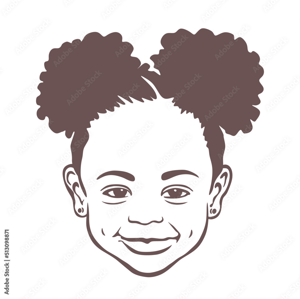 Black African American little small doll outline face portrait.Two brown puffs ponytails on her head.Vector baby silhouette drawing,curly wavy hair.Afro child hairstyles.Curls.T shirt print.DIY cricut Black African American little small doll outline face portrait.Two brown puffs ponytails on her head.Vector baby silhouette drawing,curly wavy hair.Afro child hairstyles.Curls.T shirt print.DIY cricut