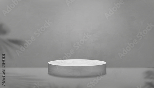 Studio room cylinder podium on grey concrete floor,palm leaf shadow on gray cement wall texture Background.Minimal Vector 3D Gallery backdrop loft style banner with Copy space for Sale,Product present