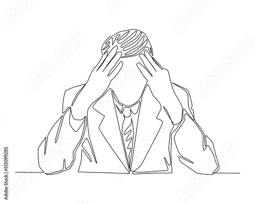 Continuous line of businessman holding the head with hands. Businessman has stess and headache vector.