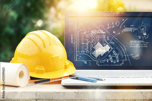 Quadro su tela Laptop of a architect who plans a house
