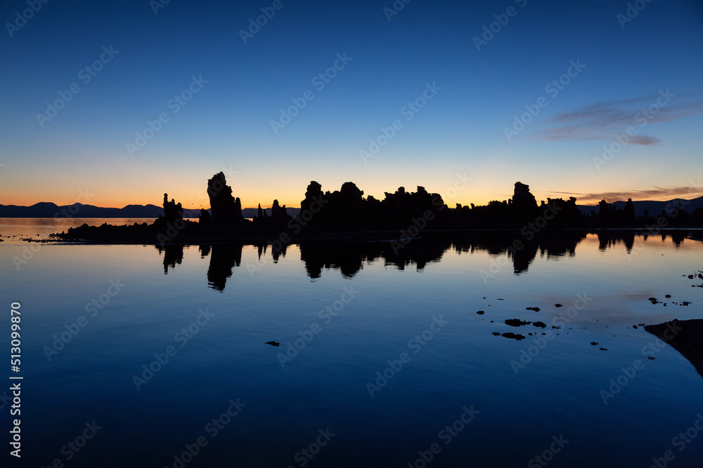 Tufa towers rock formation in Mono Lake. Sunny Sunrise. Located in Lee Vining, California, United States of America. Nature Background.