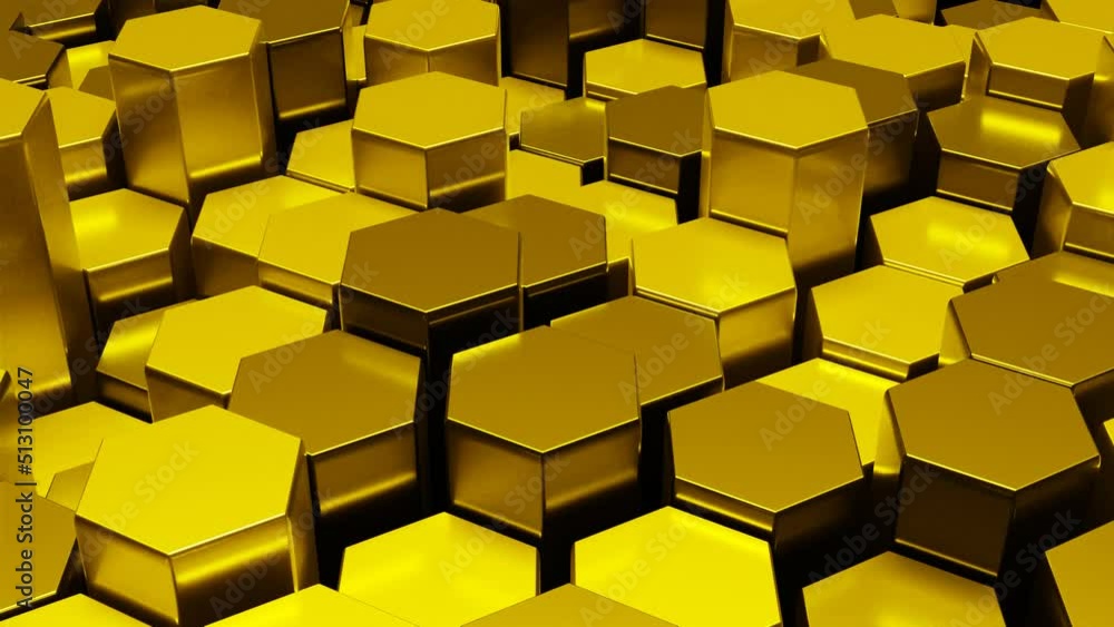 Golden with reflections hexagons honeycomb motion background render. 3D motion graphic modern animation Golden with reflections hexagons honeycomb motion background render. 3D motion graphic modern animation