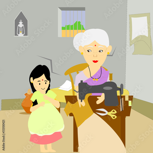 Indian Little rural girl showing her new dress to her grand mother or elder women who are sewing clothes at home. 