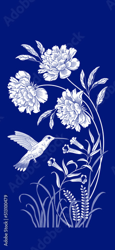 Bird and Flowers vector illustration. Interior, fabric print, stamp, engraving, stencil, packaging, Flying Hummingbird colibri