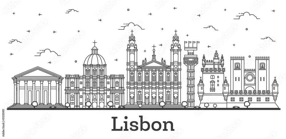 Outline Lisbon Portugal City Skyline with Historic Buildings Isolated on White.